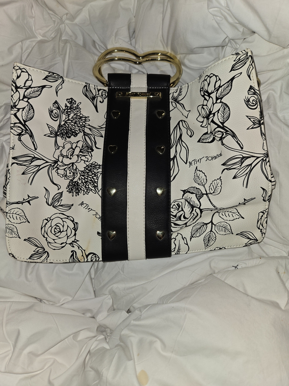 Betsey Johnson Black & White Floral Tote with Gold Heart Handle